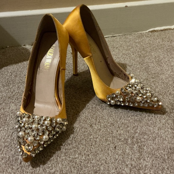 Azalea Wang Shoes - Gold Satin Pointed Toe Pumps with Pearl & Crystal Embellishment - Women